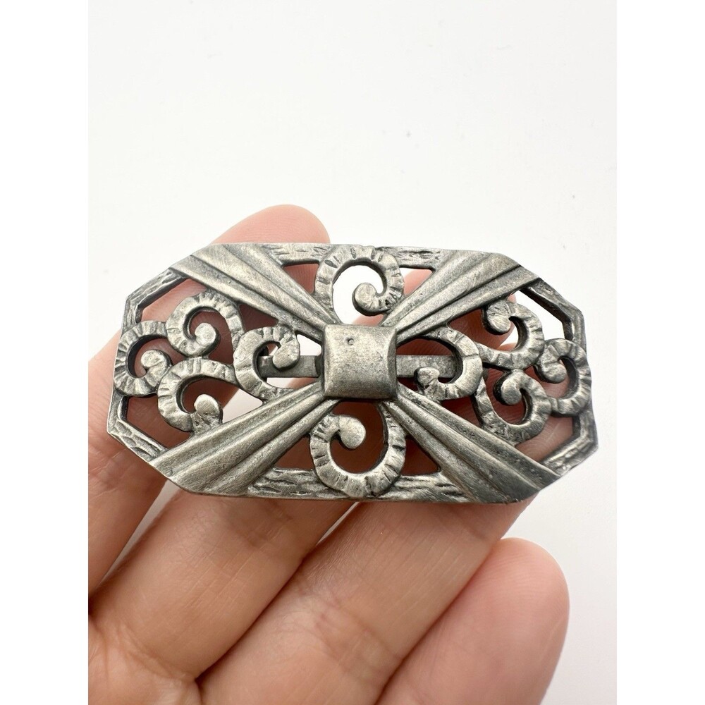 Antique Louis Wolfer Paris Filigree Brooch Pin Silver Tone
